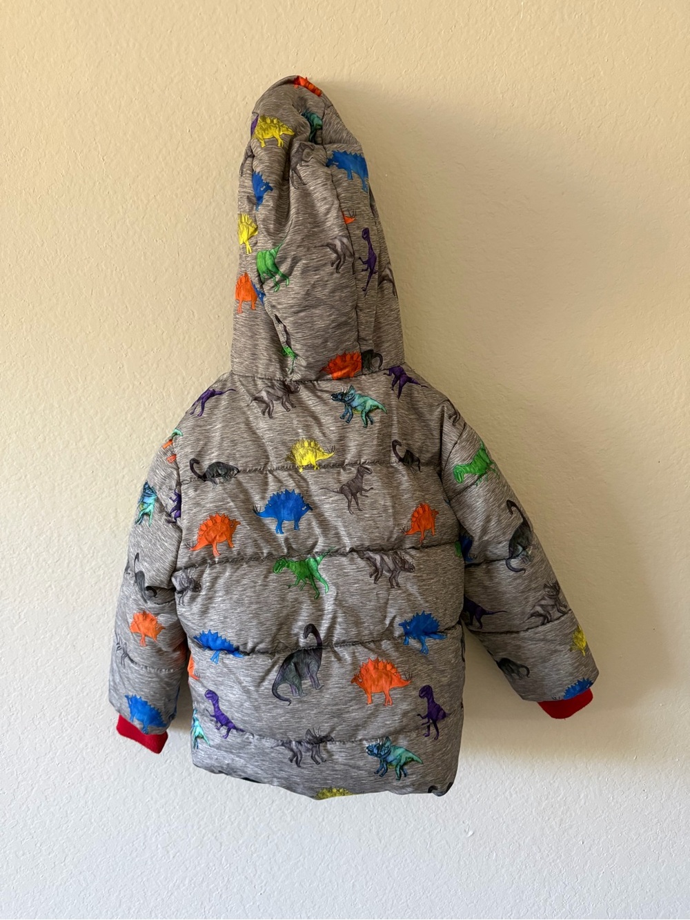 Swiss Tech Red-Lined Grey Jacket with Colorful Dinosaur Prints